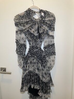 Zimmermann Black & White Floral Ruffle Long-Sleeve Dress